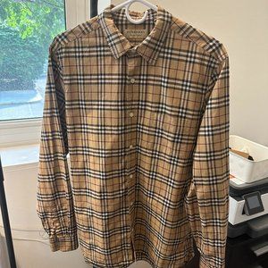 Burberry Check Print Long Sleeve Shirt in Beige Size Large